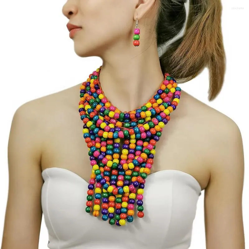 Necklace Earrings Set African Colorful Beads For Women Vintage Handmade Beaded Tassel Bohemia Wood Collar Eardrop Sets