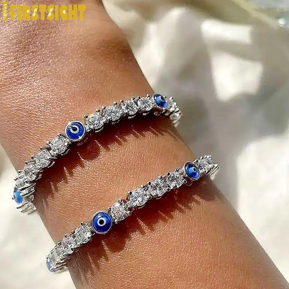 Bangle Iced Out Hip Hop Turkish Red Eyes Charm Armband Gold Silver Color AAA Cubic Zirconia 5mm CZ Bangles for Women Men SMYCHIRY