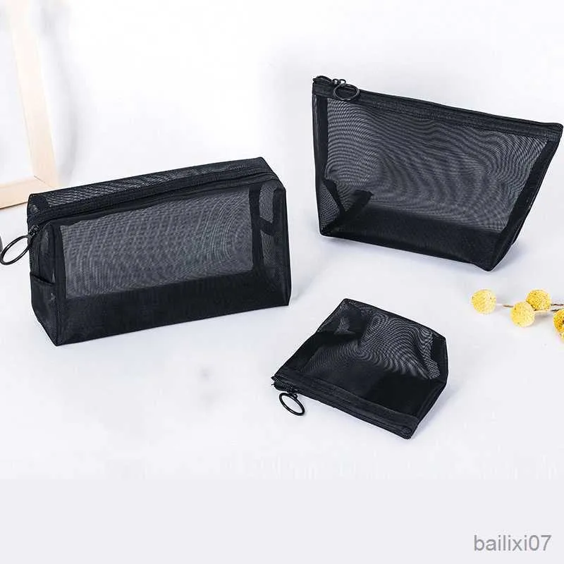 Cosmetic Bags Cases Women Transparent Black Mesh Cosmetic Bag Travel Small Large Makeup Pouch Case Zipper Toiletry Beauty Storage Pouch Organizer