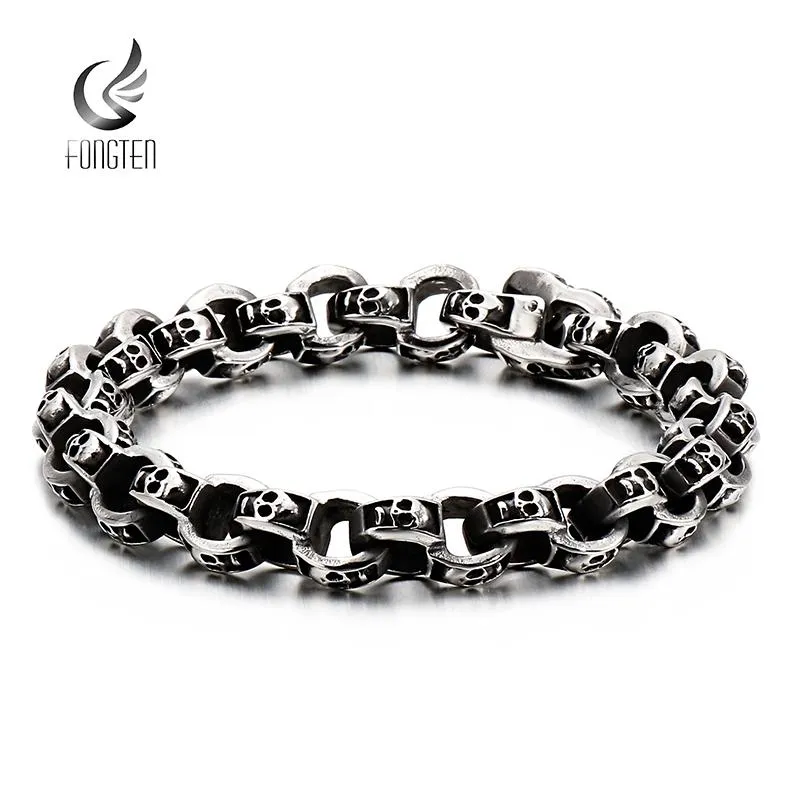 Bangle Fongten Vintage Skull Engraved Cuff Bracelet Men Link Chain Stainless Steel Hip Hop Skeleton Head Bracelets Jewelry