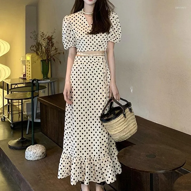 Work Dresses Korean Vintage Women Skirt Sets French Fashion Polka Dot Outifits Puff Sleeve Criss-Cross Crop Top Skirts Set Office Lady Suit
