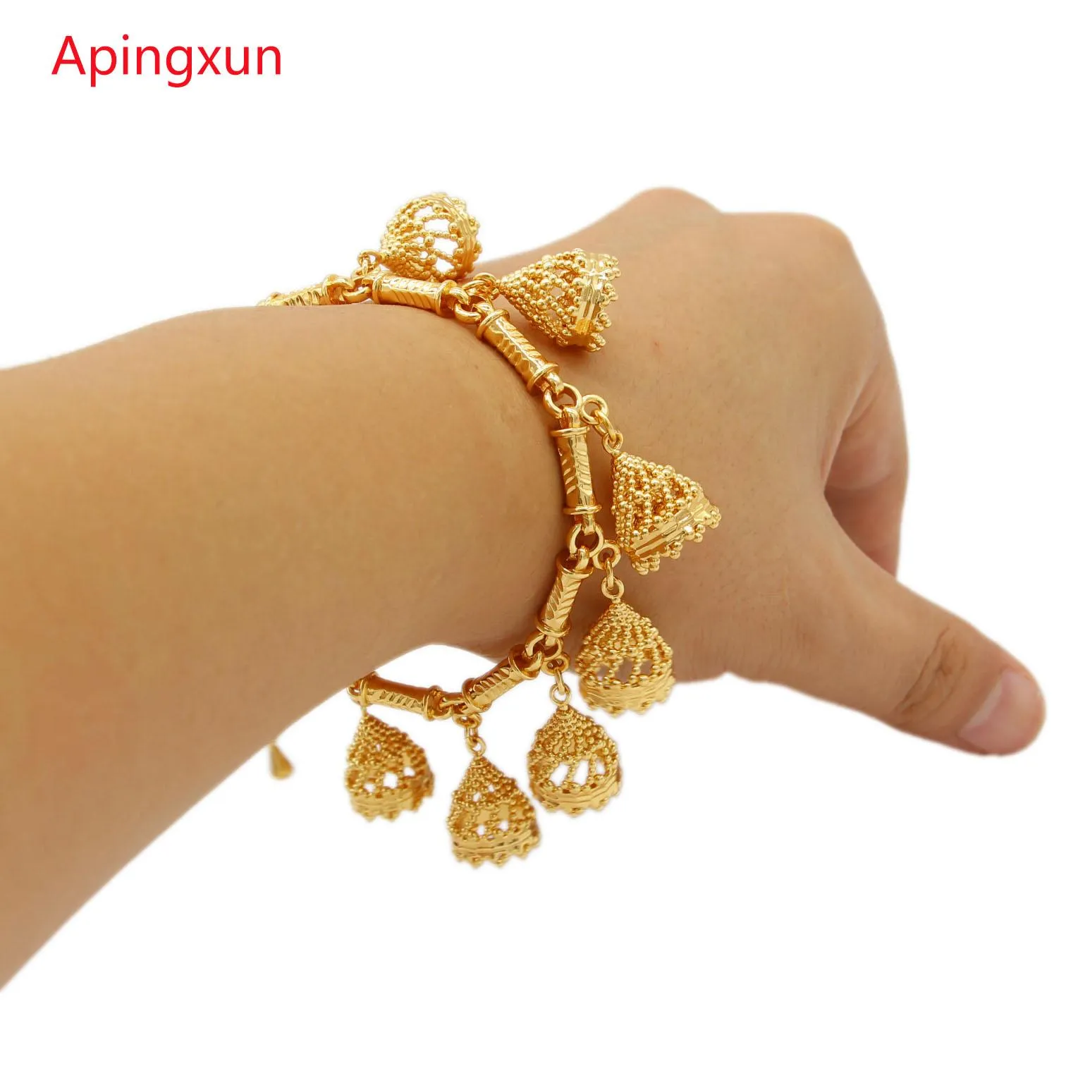 Bangle Apingxun New Design Bell Bracelet Top Quality Gold Color Shape Multiple Pendant Bracelet For Women Party Charm Jewelry Gifts