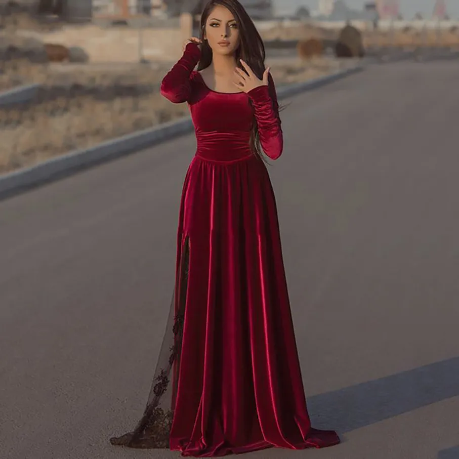 Burgundy Velvet Kaftan Akşam Kollu Siyah Dantel Dubai Resmi Parti Önlükleri Longo Prom Cupows