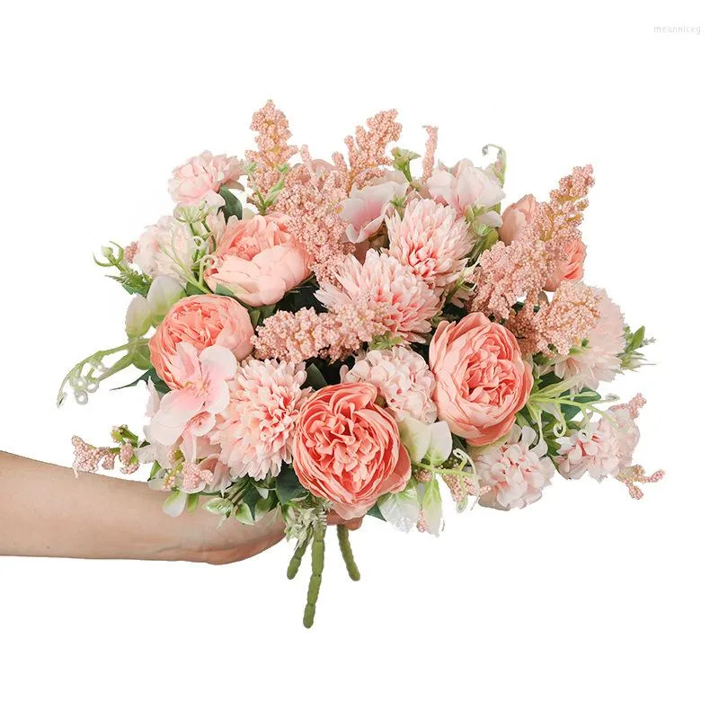 Flores decorativas de seda rosa artificial Bouquet Hight Quality Hydrangea Bride segurando Fake for Home Wedding Decoration Acessórios