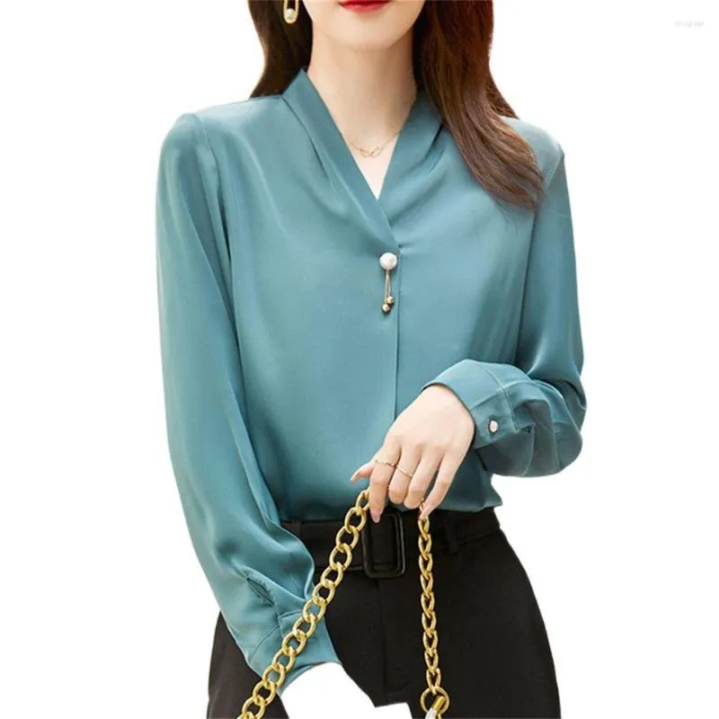 Women's Blouses Chic Women Shirt 2023 In Green Pink White Female Chiffon V Neck Long Sleeve Tops Elegant Office Ladies Formal Work