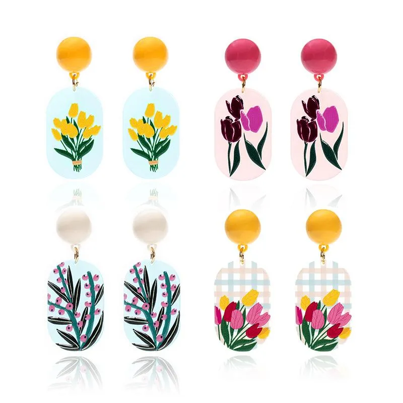 Dangle Boucles D'oreilles Lustre Rétro Peinture À L'huile Fleurs Photos Rectangle Goutte Crochet Animaux Voyage Paysage Lune Peintures Imprimer JewDangle