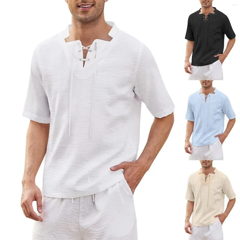 Hommes t-shirts longs floraux hommes printemps et été solide haut chemise décontracté coton lin col montant vacances manches torse