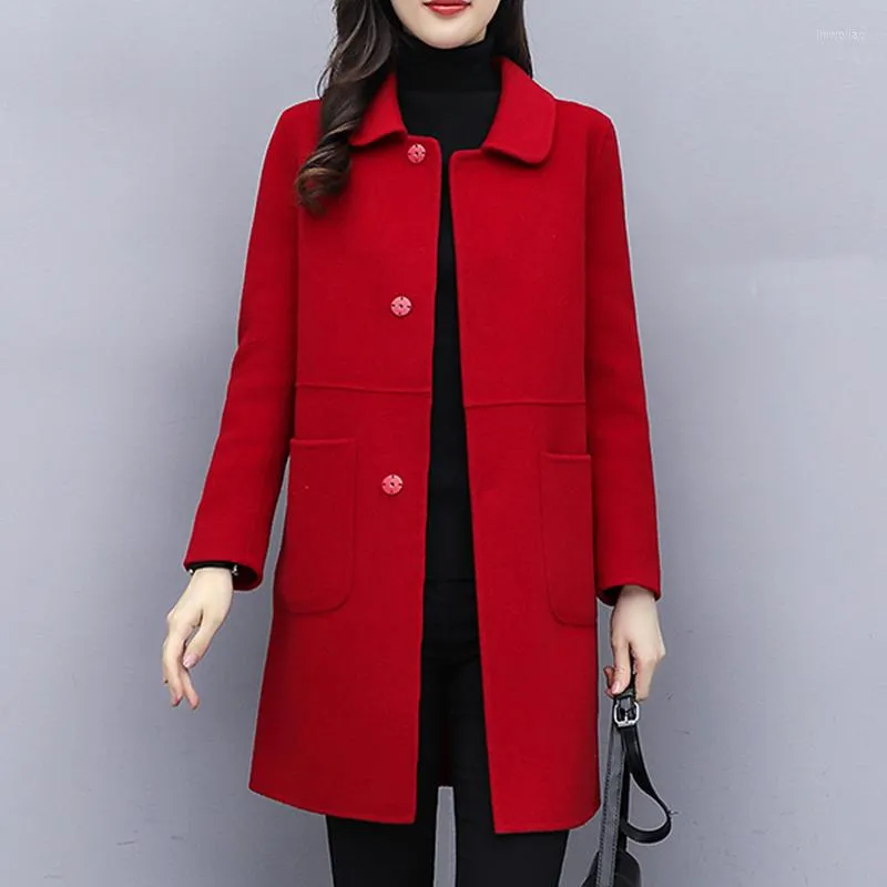 Casaco de lã misturado de lã de lã feminina 2023 Autumn Winter Christmas Christmas Vermelho Slim Jacket Outwear