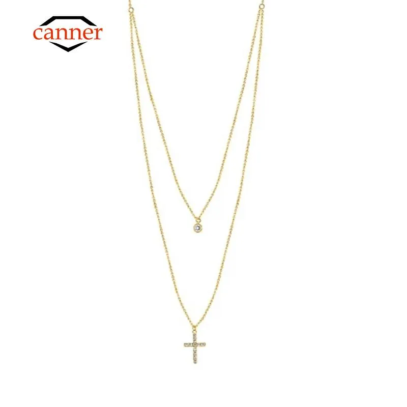 Necklaces canner 925 Sterling Silver Gold Color Fashion Double Layered Cross Collarbone Clavicle Choker Chain Necklaces for Women Jewelry