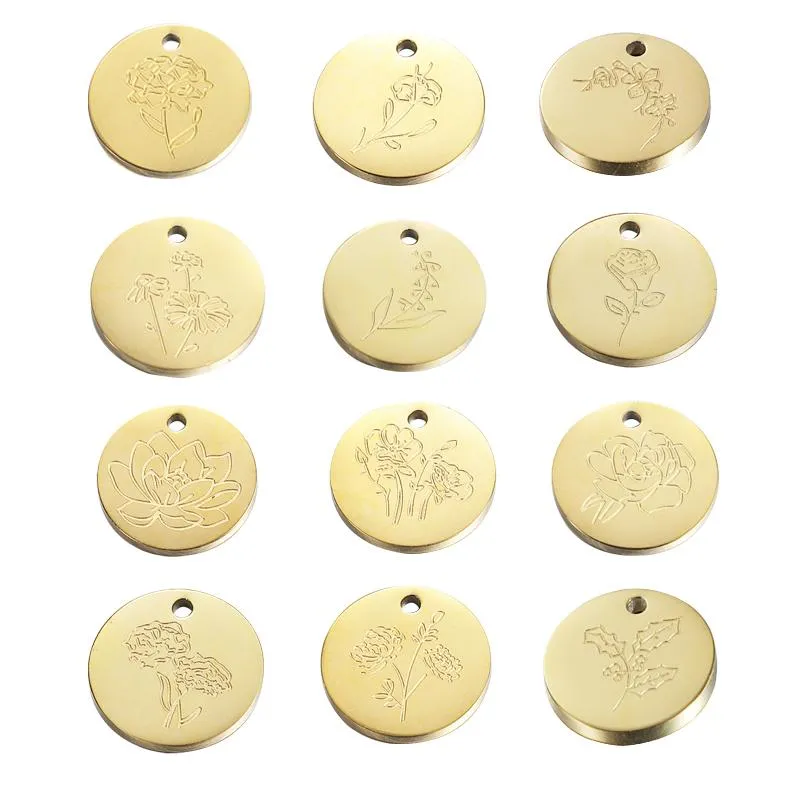 charms Fnixtar 12Pcs 15mm Round Engrave Birth Flowers Charms Stainless Steel Mirror Polish Charms For DIY Necklaces Bracelets Keychain