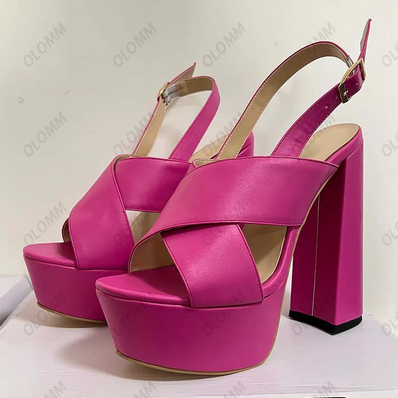 Olomm handgemaakte vrouwen zomersandalen dikke hakken open teen prachtige fuchsia feestschoenen dames maat 35 43 44 45 46 47