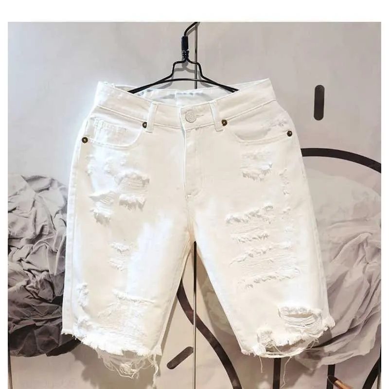 Mäns jeans 2022 Sommarmode beskurna män trasiga rippade shorts lösa rakt rakt vita denim byxor streetwear män pojkvän jeans