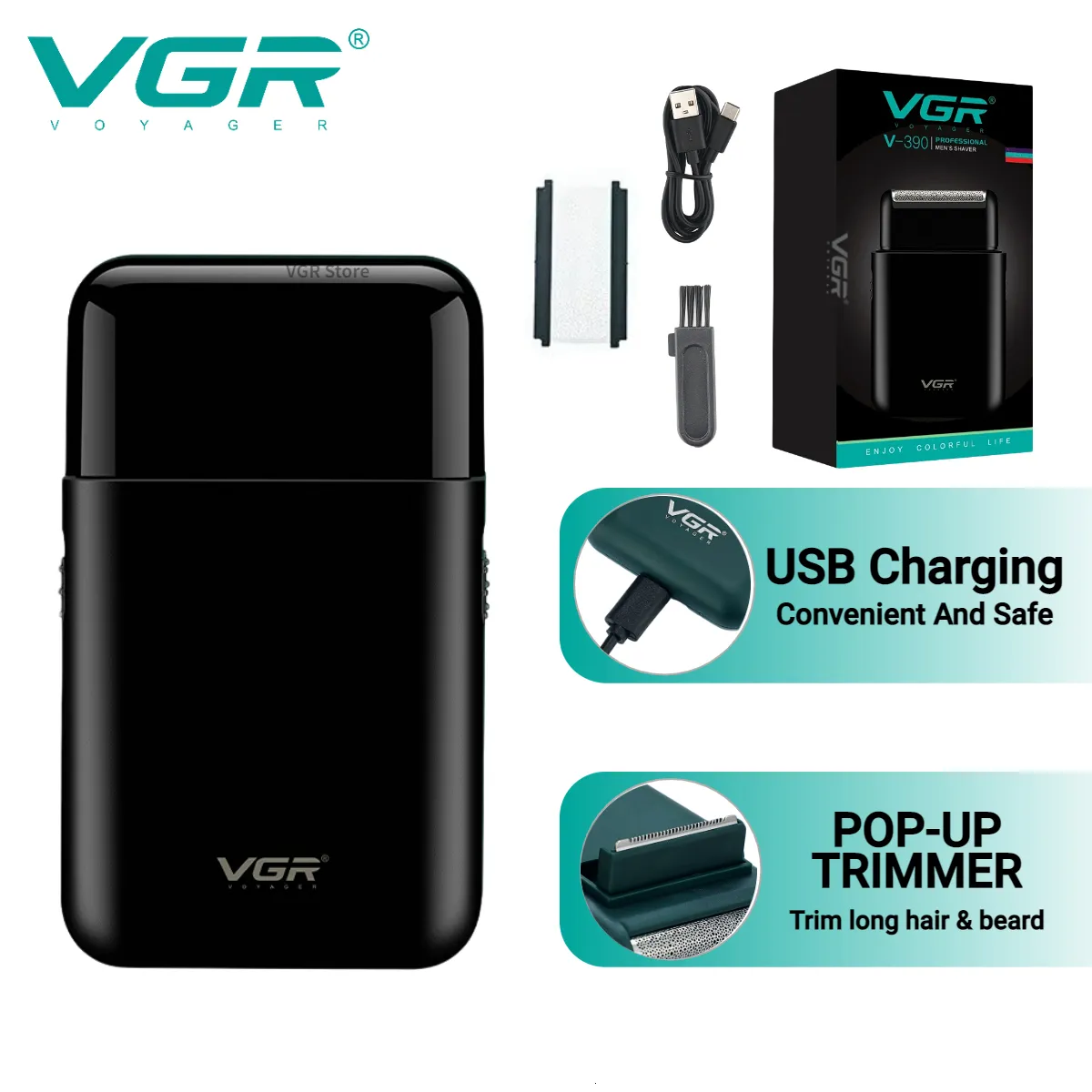 Rasoirs électriques VGR Rasoir Tondeuse à barbe professionnelle Rasoir Portable Mini rasage alternatif 2 lames USB Charge pour hommes V-390 230520