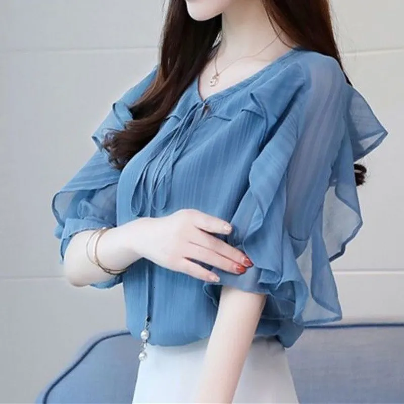 Blusas De Mujer Camisas Moda Manga Voladora Cord n Blusa De Gasa