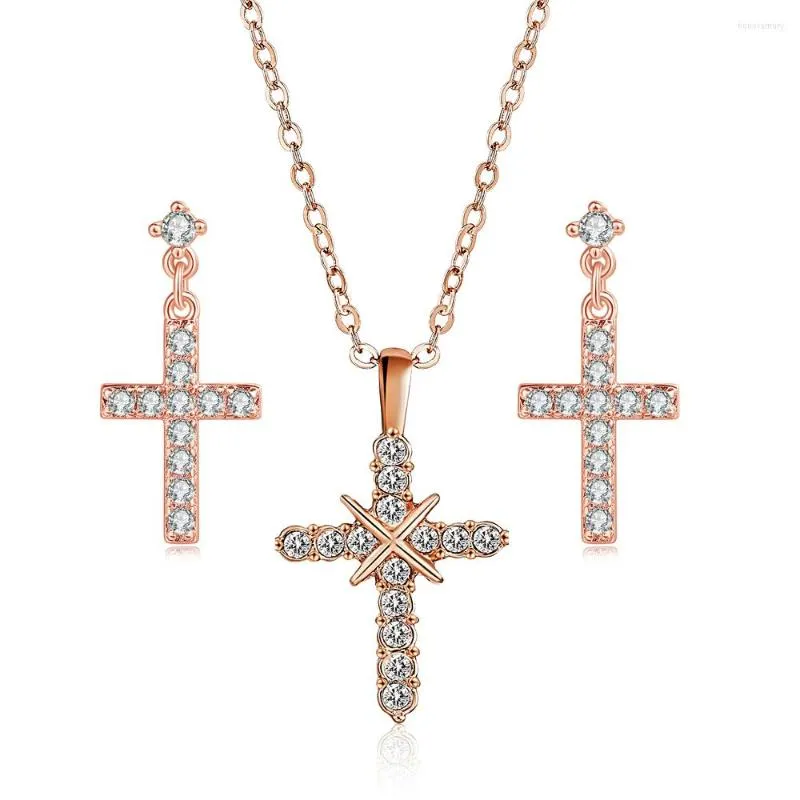 Necklace Earrings Set Double Fair Vintage Cross Sets For Women Crystal CZ Rose Gold Color Earring Birthday Gift Fashion Jewelry S521