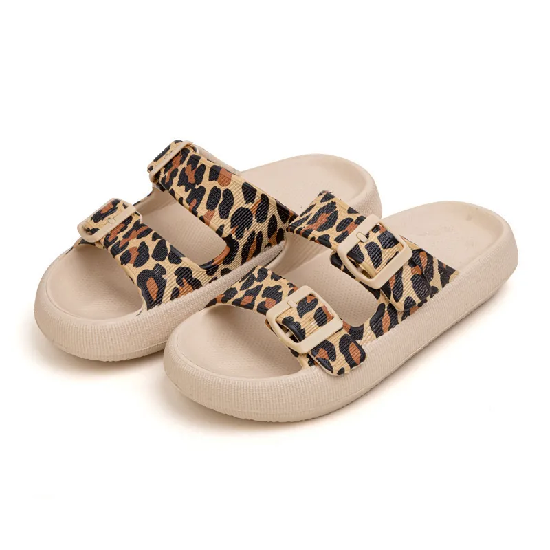 Slippers Summer Womens Thick Sole Leopard Print Double Buckle Sandals Couples Female Home Outdoor Soft Slides Ladies Shoes 230520