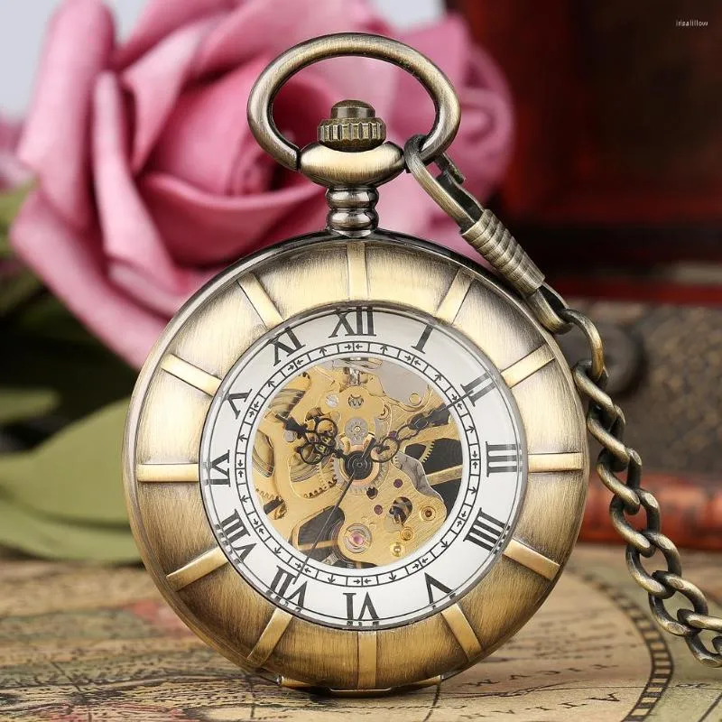 Relógios de bolso duplo lados cobrem o relógio mecânico de bronze clássico ponteiro preto algarismos romanos hands winding timeppial antigo presente macho