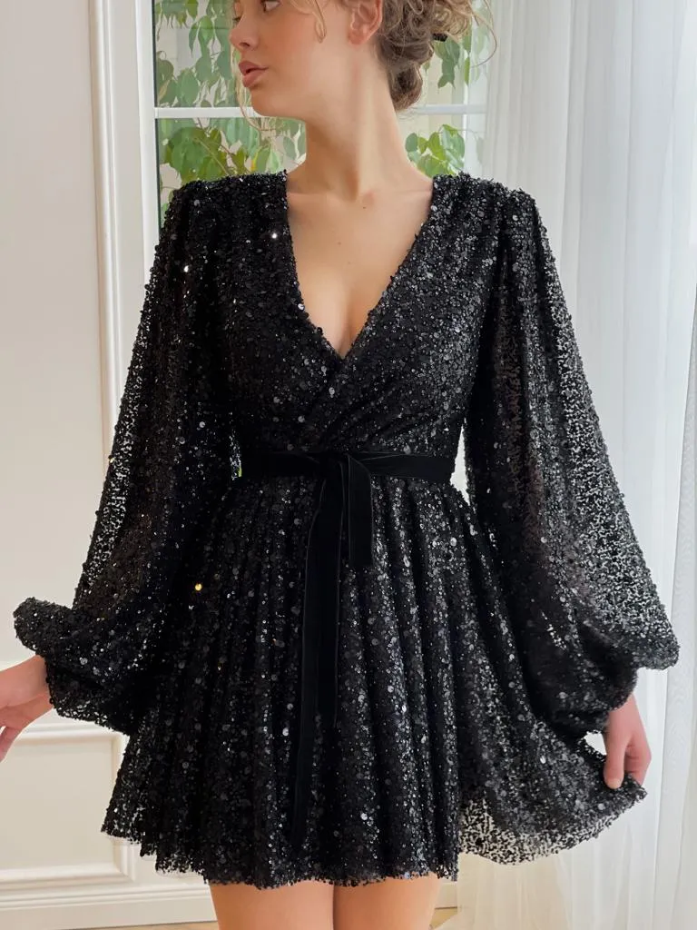 fitted lace wedding dress Sparkly Gold Short Homecoming Dresses Mini Skirt Puff Long Sleeves Sho –  formalgowns main image 0