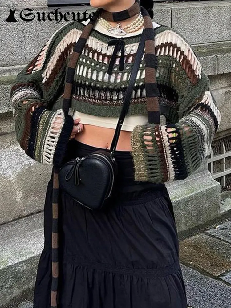Womens Grunge Clothing: Y2K Hollow Out Striped Knit From Bai04