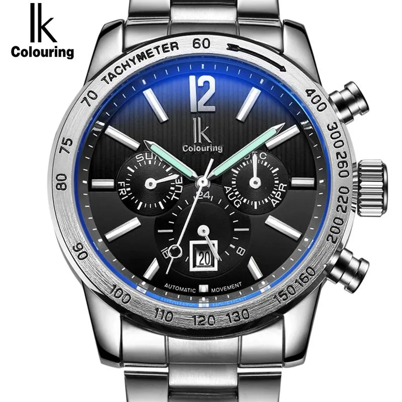 Relojes de pulsera IK, reloj mecánico automático para hombre, calendario de 24 horas, reloj de negocios de acero completo plateado luminoso, Relojes