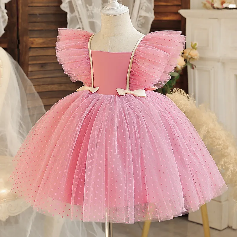 Babymeisje effen stip tule jurk 1-5T kinderen boog ontwerper vliegende mouw rok kinderen lente zomer prinses jurken