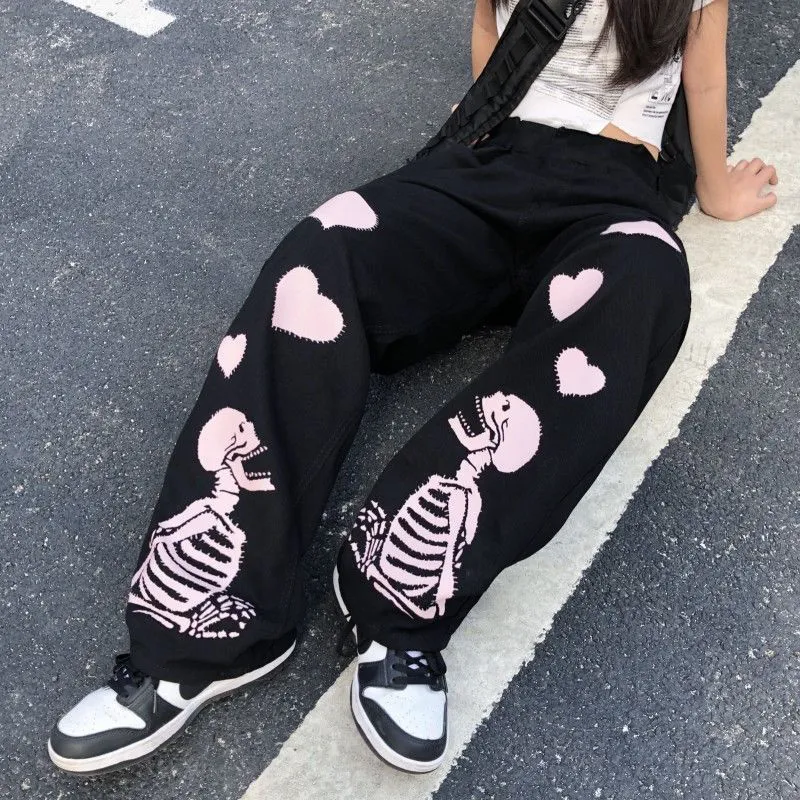 Pantaloni da donna Capris Emo Pantaloni da donna Pantaloni gotici grunge Abbigliamento da strada Pantaloni a cuore scheletro ALT Femme Pantalon Y2k Egirl Vintage Jogger Emo Apparel 230520