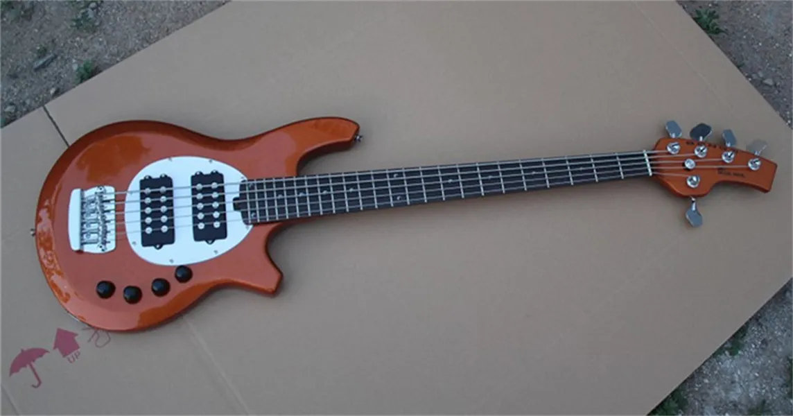 Bongo da loja personalizada 5 Strings Música Man Electric Bass Guitar Musicman Orange Ernie Ball Sting Ray 9V Bateria ativa Pickups Chrome Hardware