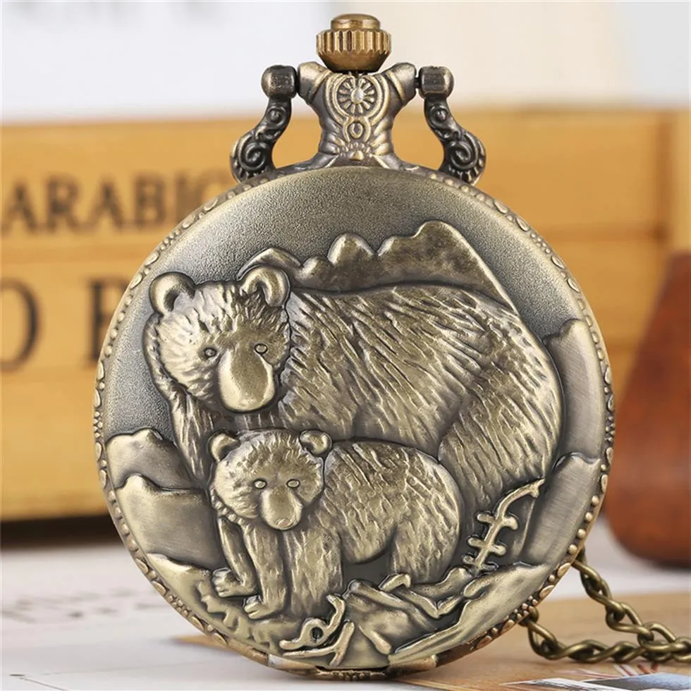 Bronze Polar Bears Display Quartz Fob Pocket Watch Vintage Pendant Necklace Chain Retro Clock Gifts Kids Men Women254P