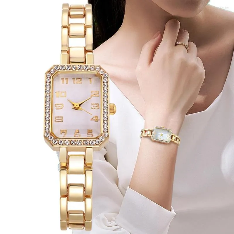 Montres-bracelets de luxe montre pour femme 2023 Simple carré plein diamant numérique Quartz or Bracelet en acier inoxydable robe horloge