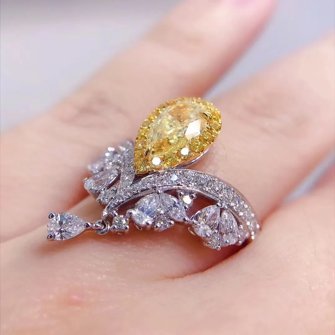 Artificial Diamond Trendy Coronation of Love Crown Ring Luxurious and Brilliant Precision Yellow Diamond Live Ring
