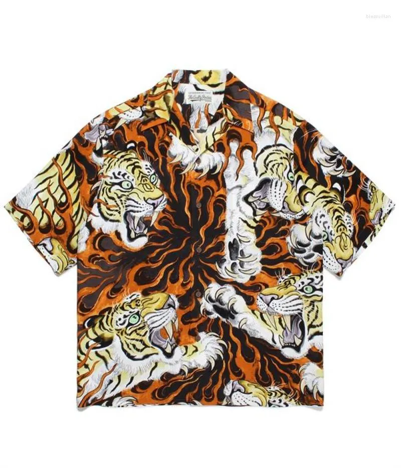 Men's T Shirts 23SS Flame Tiger Print WACKO MARIA Shirt Men Women EU Size Cool Fabric Top Tees Fashion Summer Grunge Clothes