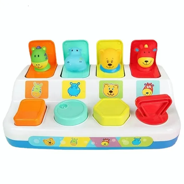 Blocs 2023 Interactive Pop up Animal Toy Switch Box Button Baby Intelligence Push Doll Learning Développer Jouets Jeu Cadeau 230520