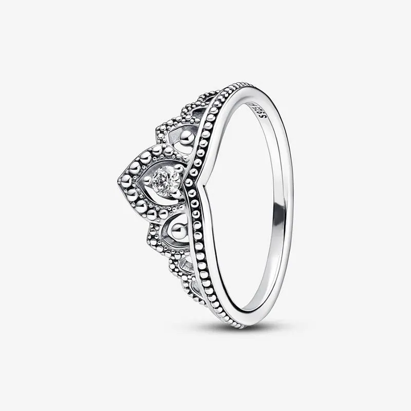 Regal pärlstav tiara ring för pandora autentiska sterling silver krona ringar designer smycken för kvinnliga systrar gåva kristall diamant vigselring med original lådan set