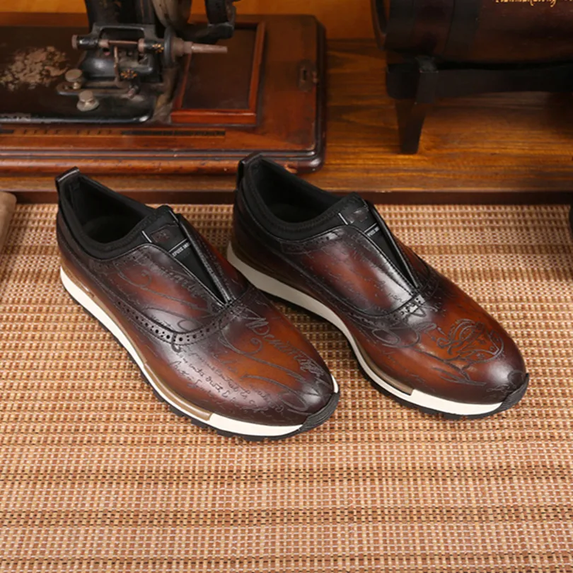 Berluti Chaussures de sport en cuir pour hommes classiques haut de gamme, cuir à motifs, artisanat peint à la main, confortable pour marcher et courir