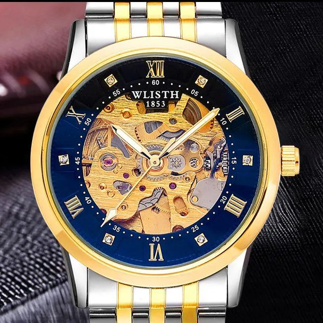 Armbandsur Retro Royal Skeleton Diamond Herrmekaniska klockor Vattentäta lysande män Auto Winding Belt -handleden Watch Reloj Hombrewri