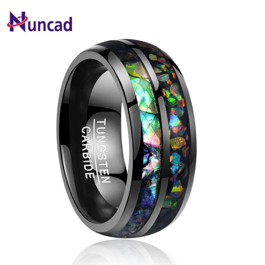 Rings Nuncad New Fashion Hot Men Rings Electroplated Black Inlaid Shells Opal Dome Tungsten Steel Ring Size 7/8/9/10/11/12 T090R