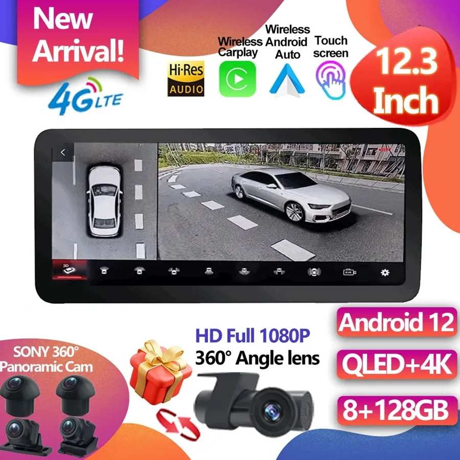 Для Audi A6 C6 A7 2012-2018 12,3 "Android 12 Системный автомобиль мультимедийный радио Wi-Fi 4G SIM 1920*720 8 Core 8+128 ГБ оперативной памяти GPS Navi Stere-2