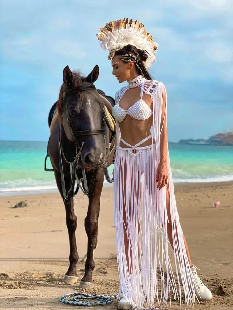 İki parçalı elbise plajapche püskül el tığ işi kadın bikini örtbaslar yaz tatil plajı mayo seksi içi boş etekler eşleşen 230520