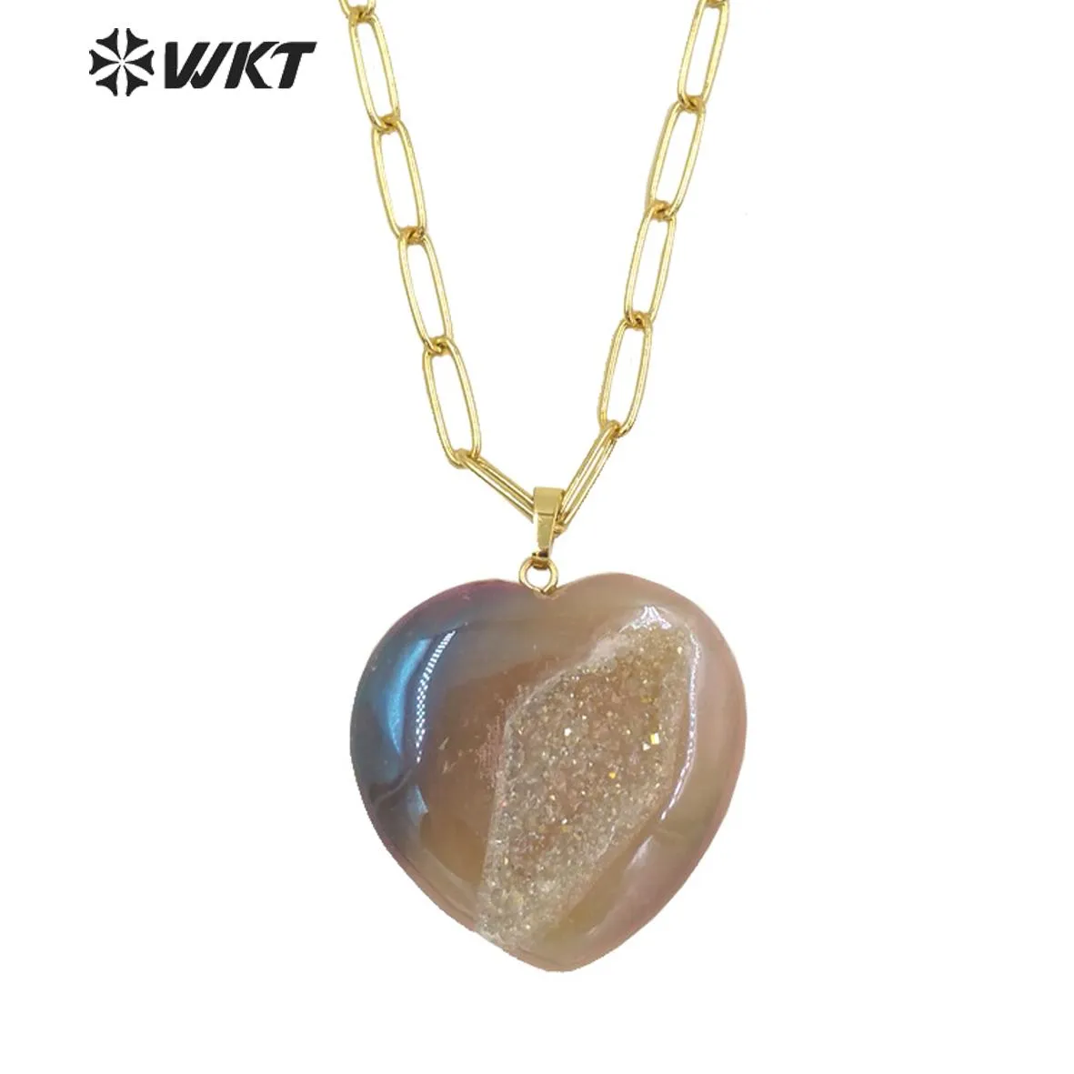 Naszyjniki WTN1394 Hurtowa moda złota prosta szara geode agat sercowy Naszyjnik Kamień długi łańcuch z Druzy Stone for Lover