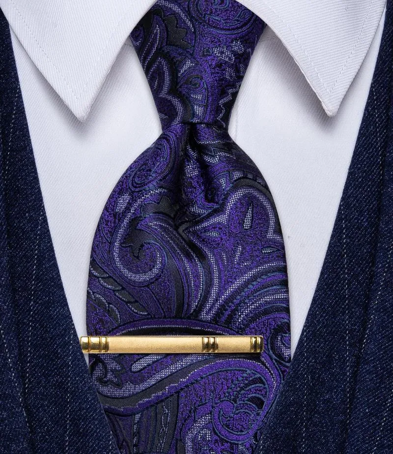 Bow Ties Blue And Purple Paisley Tie With Clip Silk Corbatas Para Hombre Classic Men's Necktie For Wedding Business Party Man