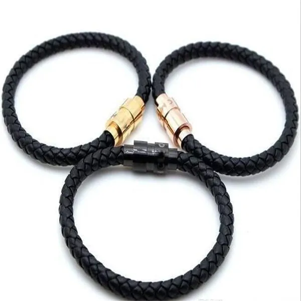 Bracciale Uomo In Vera Pelle Nera Intrecciata Con Chiusura In Lega – Regalo Unisex 23 Cm