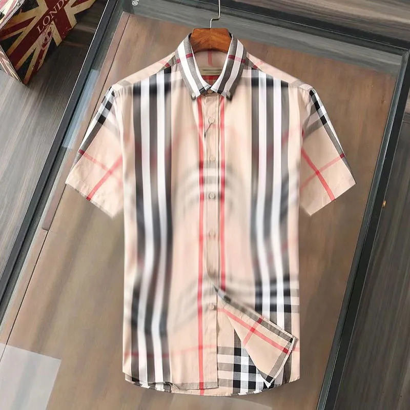 Famous Luxury Designer Mens Casual Shirt burbrery Mens Classic Plaid Polo Neck Short Sleeve Fashion Business Shirt High Quality Camo Single breasted