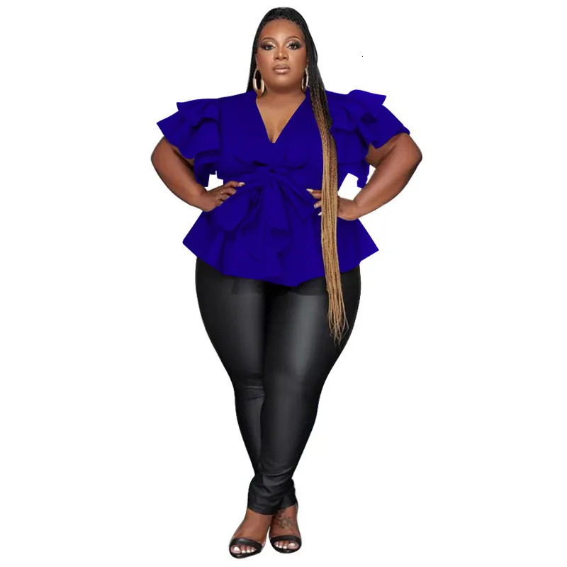 2023 Spring Rotita Plus Size Ruffle V Neck T Shirt Fashionable