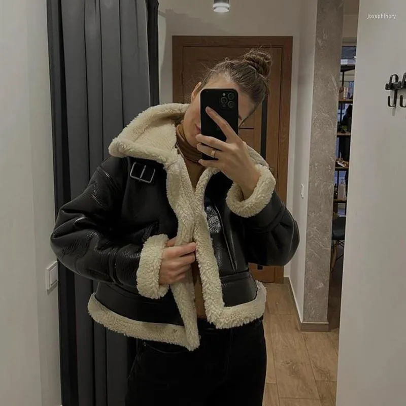 DHgate Black Faux Fur Teddy Coat Cozy PU Leather Jacket with Patchwork Design Zipper for Women Apparel