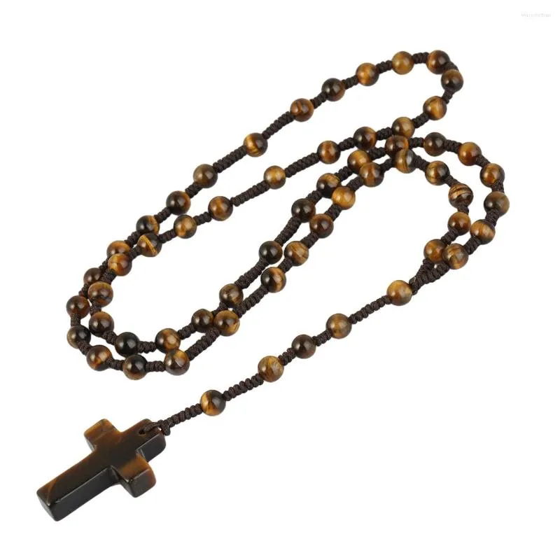 Pendentif Colliers Pierre De Cristal Naturel Croix Perlé Collier Pour Hommes Femmes Chapelet Catholique Noué À La Main