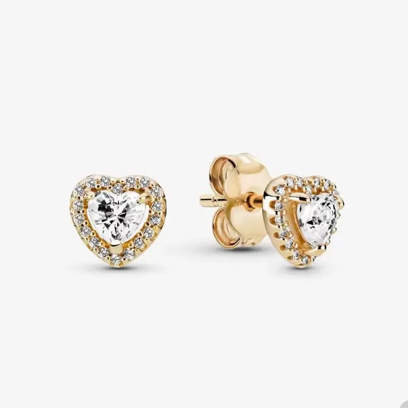 Goldene erhöhte Herz-Ohrstecker für Pandora, echtes Sterlingsilber, Hochzeits-Ohrring-Set, Designer-Schmuck für Frauen, Kristall-Diamant-Gold-Ohrring mit Originalverpackung