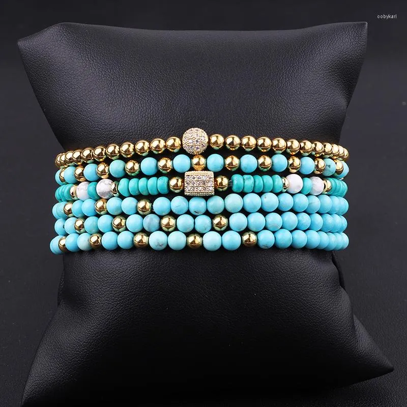 Strand Fashion 4mm Pierre Naturelle Bleu Turquoise Perlé CZ Pavé Boule Charme Bracelet Élastique Pour Femmes Hommes Bijoux Cadeau