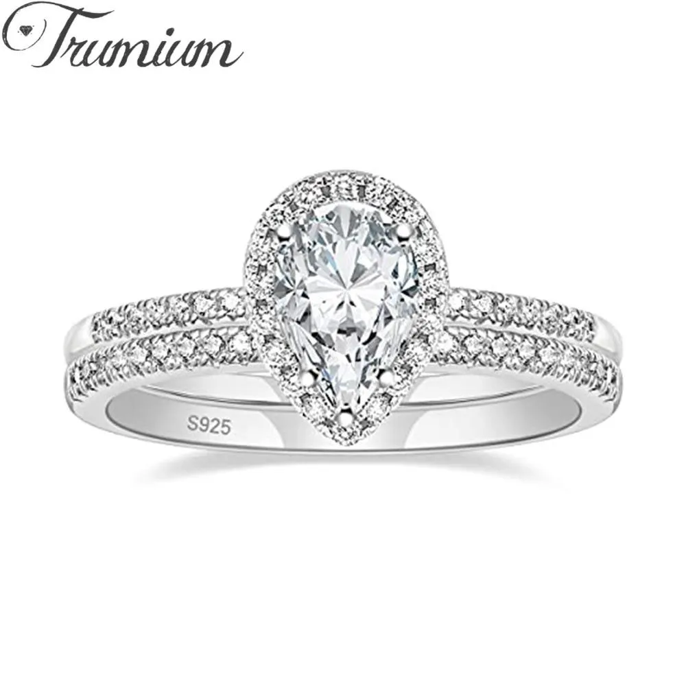 Rings Trumium 1.5CT 925 Sterling Silver Wedding Band Teardrop Bridal Rings Sets Cubic Zirconia Fine Jewelry Promise Engagement Rings