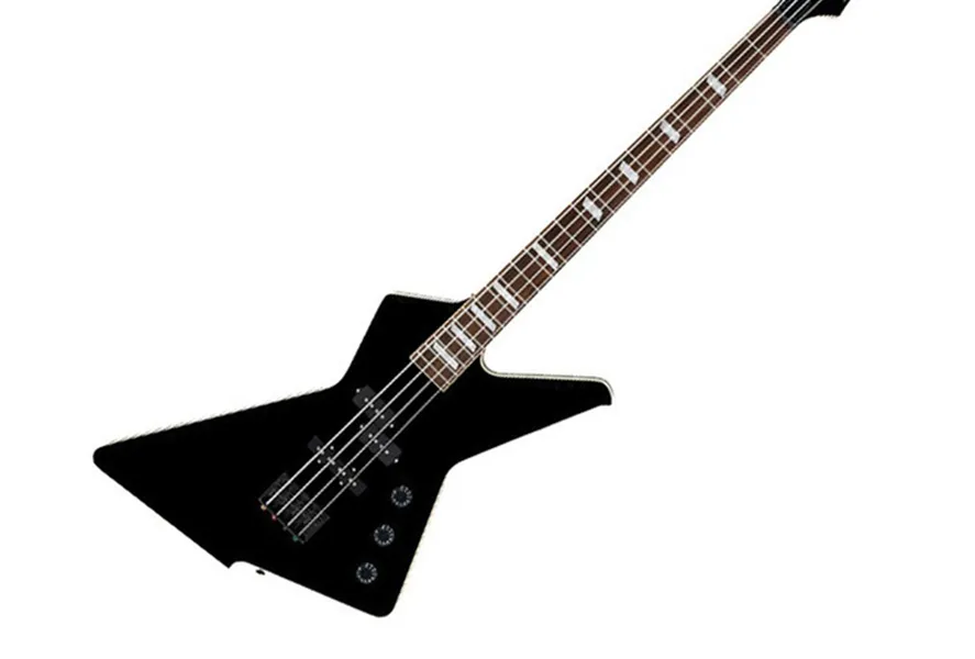 Guitare basse électrique DTB 400B Destroyer noire formes de corps distinctives touche en palissandre liée avec incrustation de bloc blanc frettes moyennes