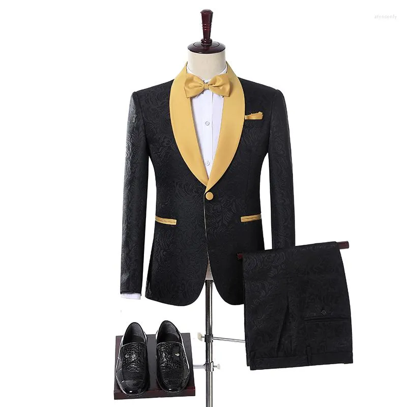 Herrenanzüge JELTOIN Real Po 2023 Mantel-Hose-Design Neueste schwarze Blumen 2-teilige schlanke Herrenanzug-Set Groomsmen Smoking Hochzeit für